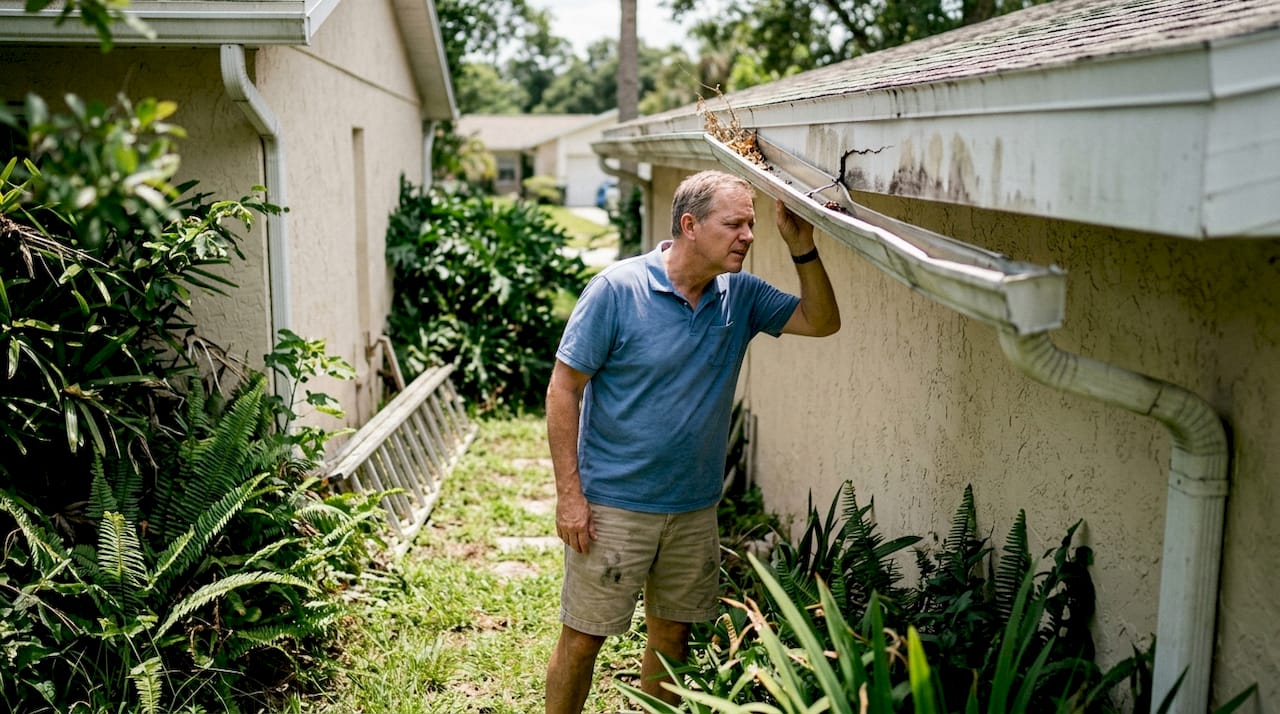 Homeowner inspecting sagging cracked gutters