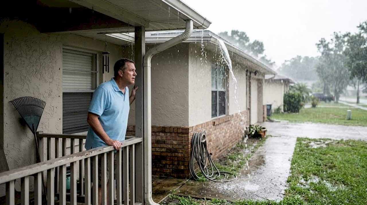 Homeowner inspecting gutters during Florida rain