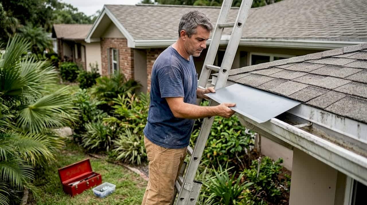 Installer fitting gutter apron on Florida roof