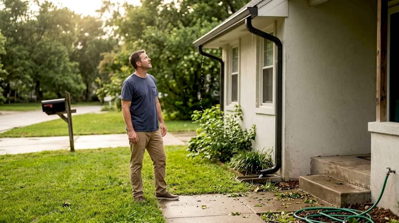 Homeowner checking rain gutters after storm