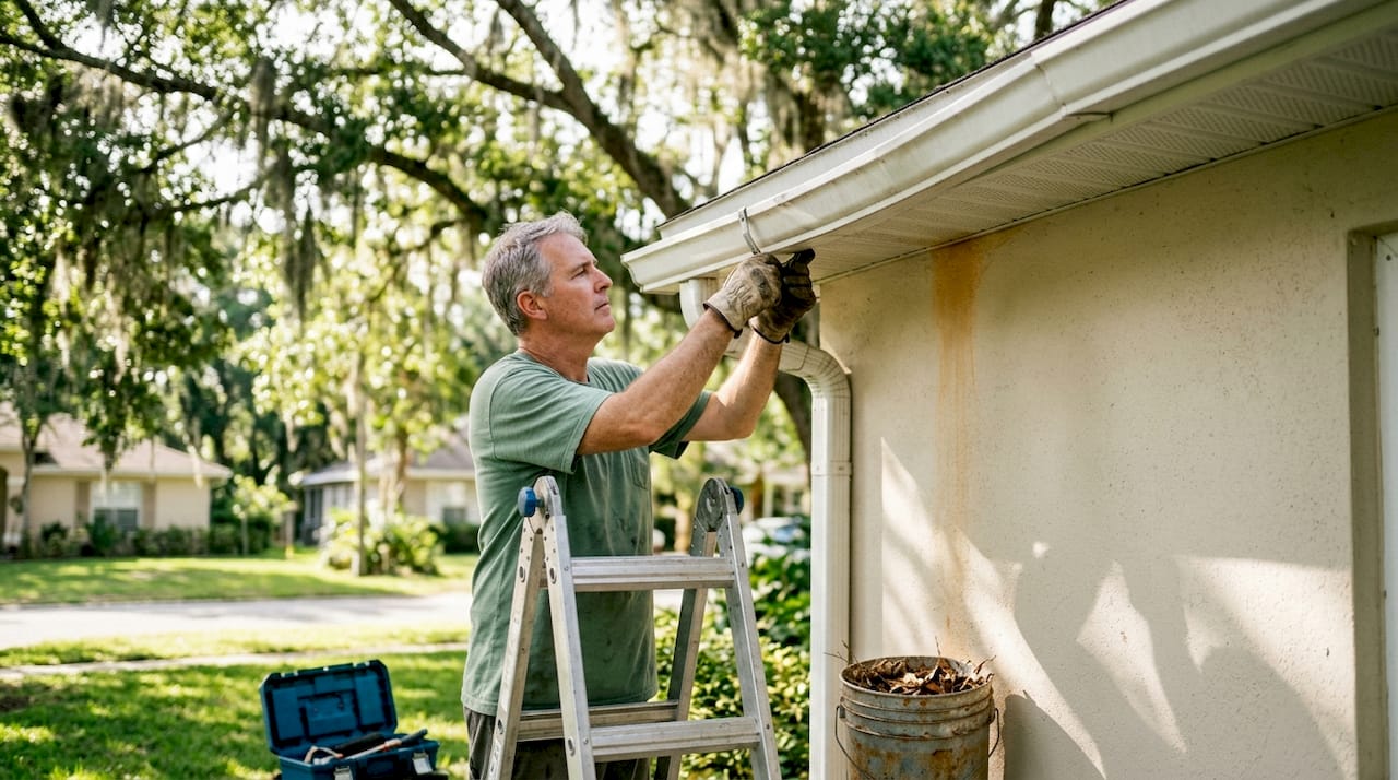 Homeowner repairing sagging gutter on Florida house