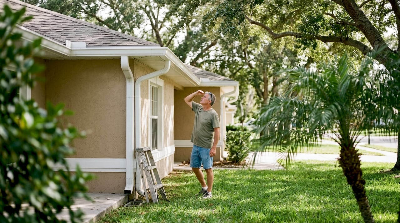 Homeowner checking rain gutters installation