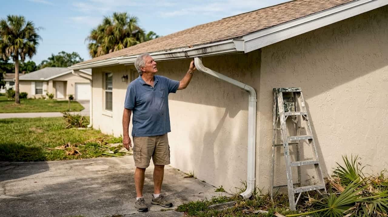 Homeowner inspecting gutters after hail in Florida