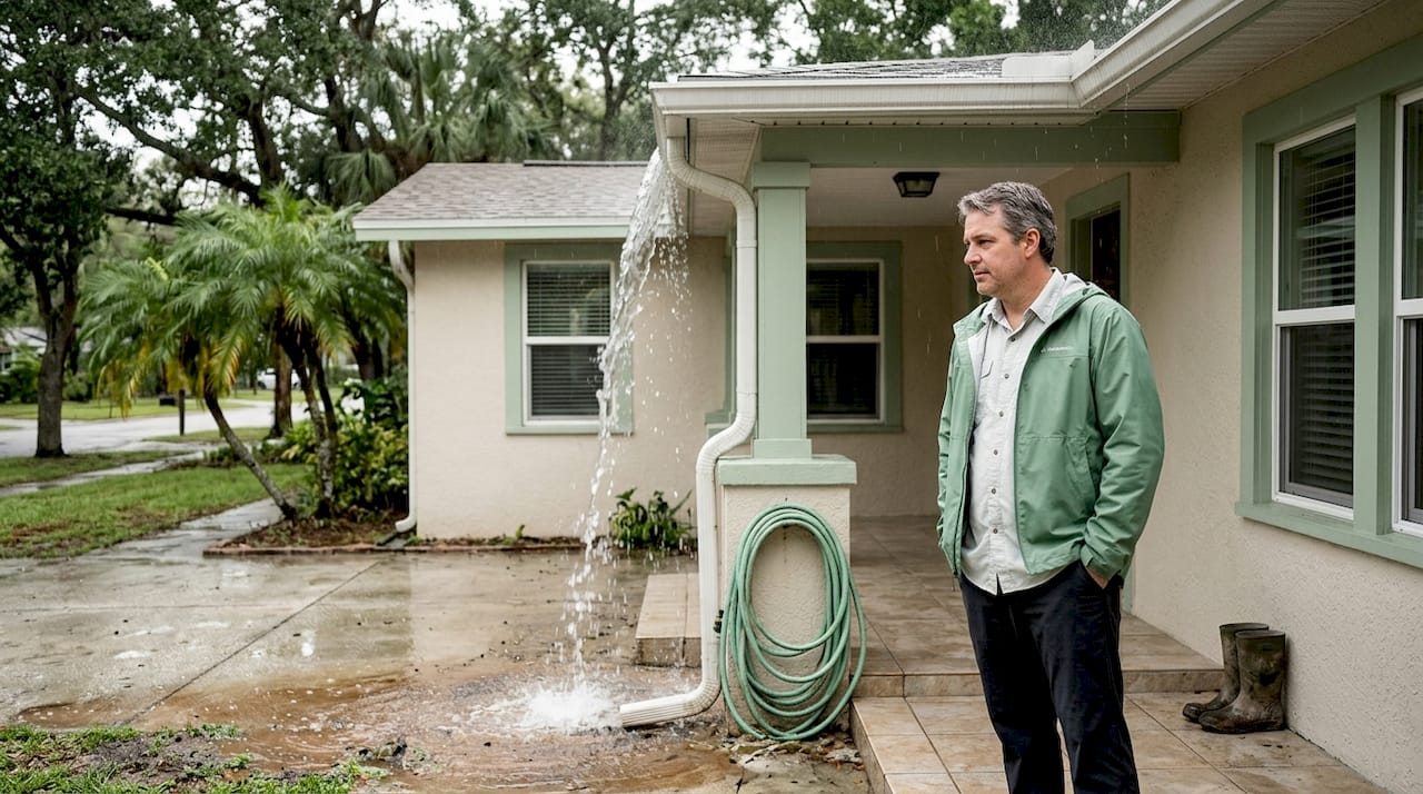 Homeowner watching rain overflow from gutters