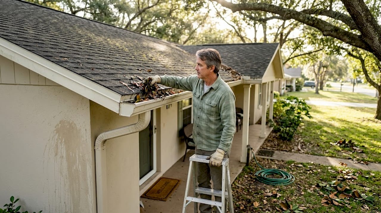 Homeowner cleaning gutter on Florida house
