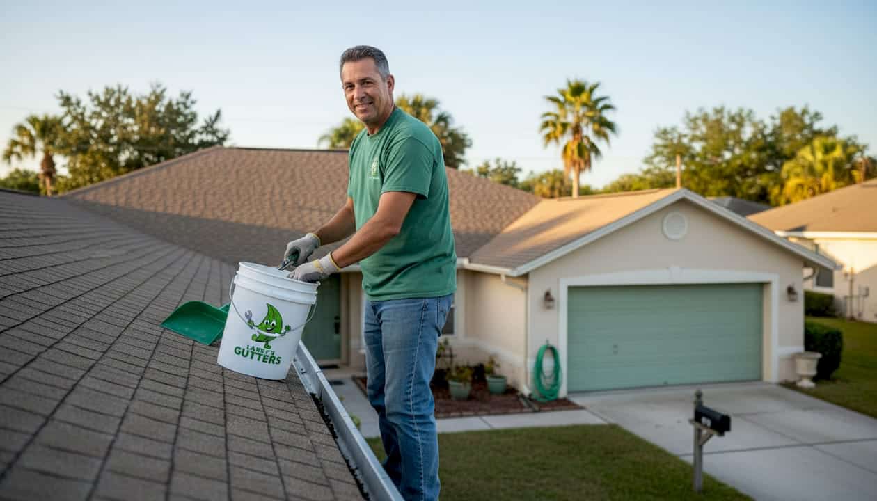 Homeowner cleaning aluminum gutters Florida