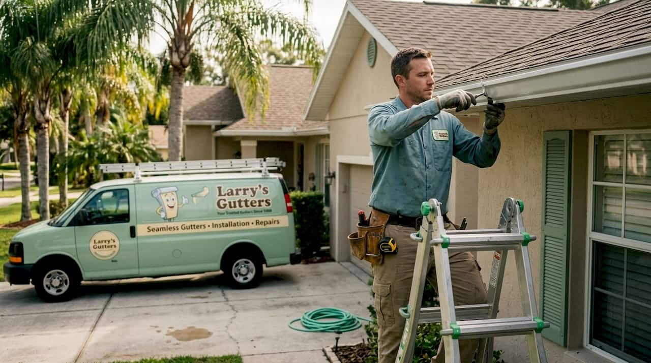 Installer adjusts gutter at Florida home