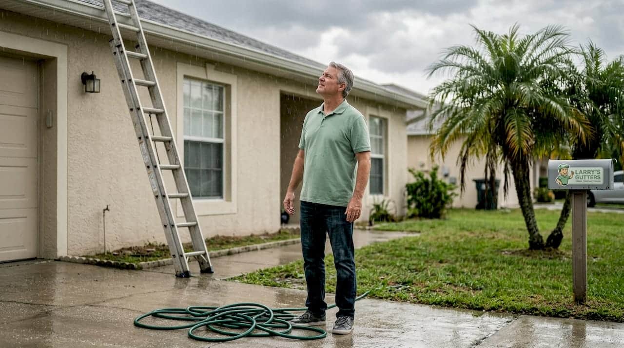 Homeowner inspects gutters during heavy rain