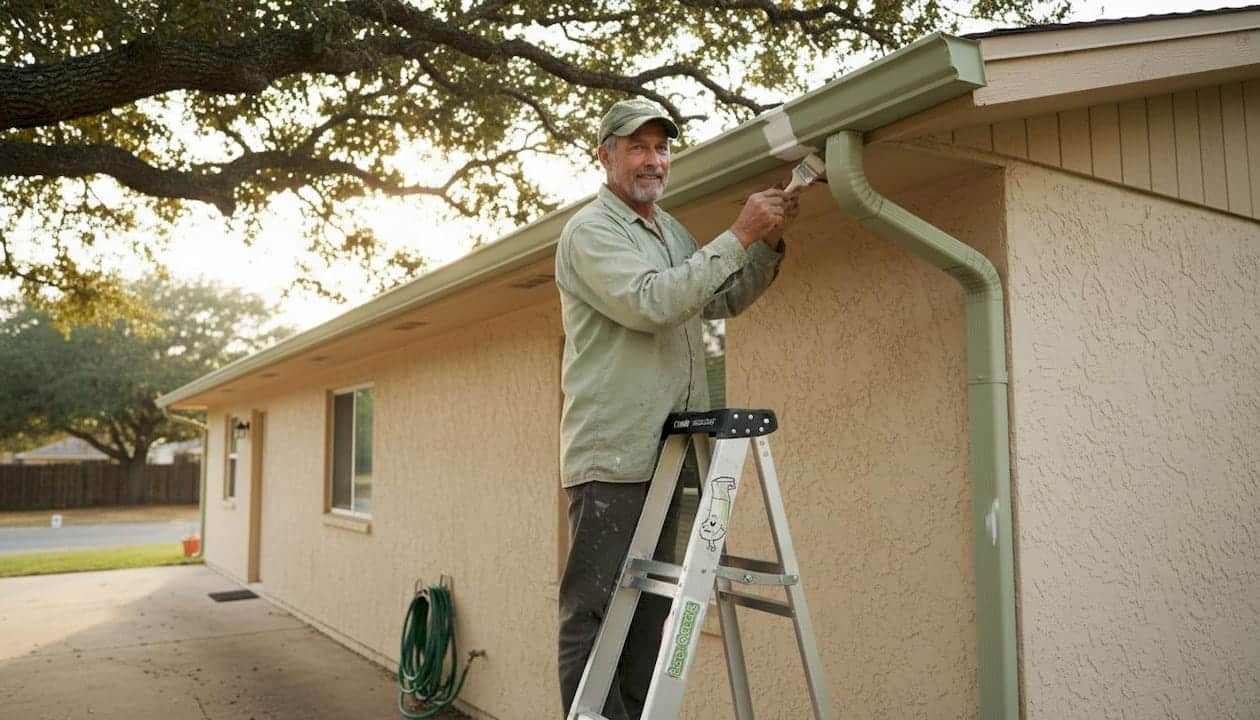 Homeowner painting gutters on Florida house