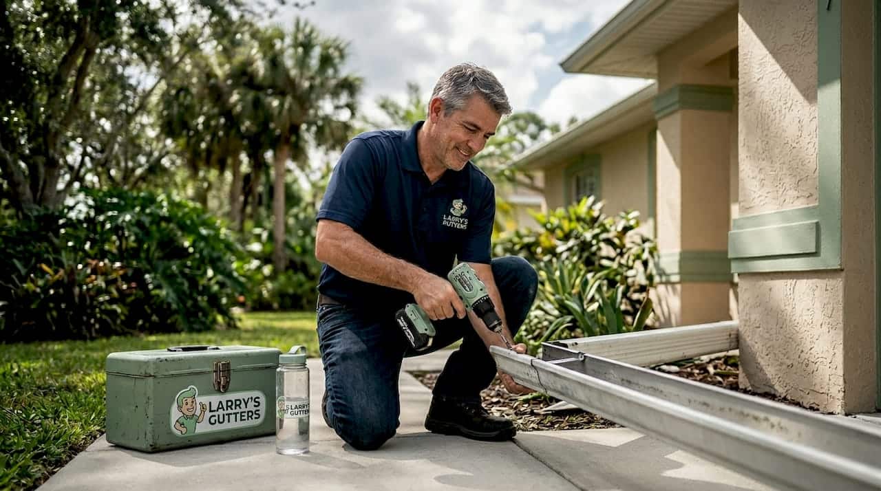 Contractor securing gutter screws on Florida home