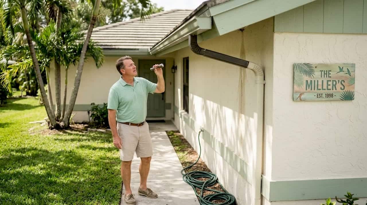 Florida homeowner inspecting box gutter system