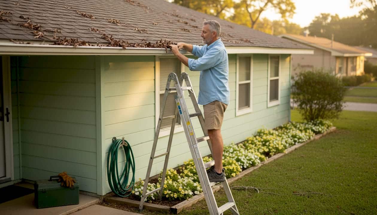 Homeowner inspecting Central Florida gutters