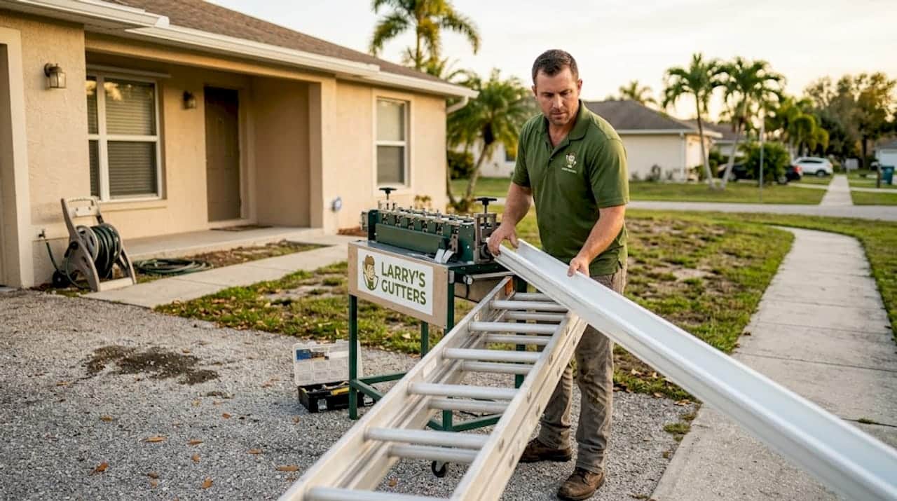 Contractor installs seamless gutters on Florida house