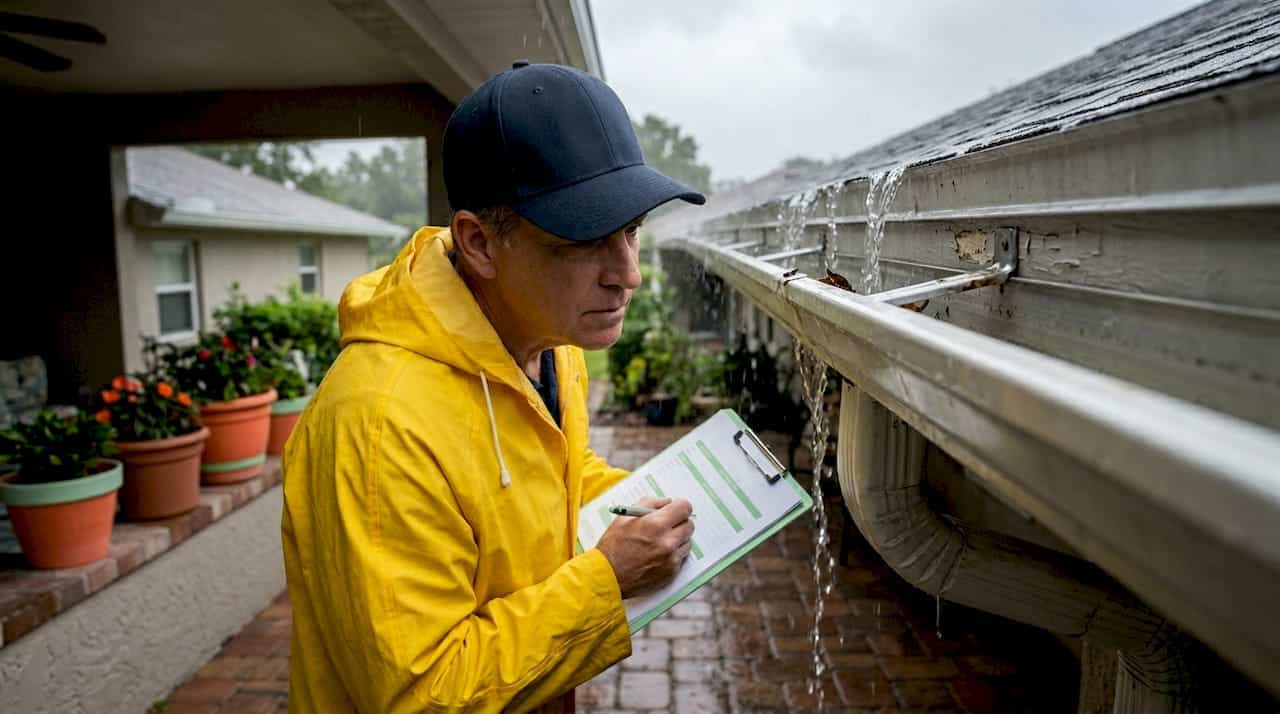 Homeowner checks gutters in Florida rain
