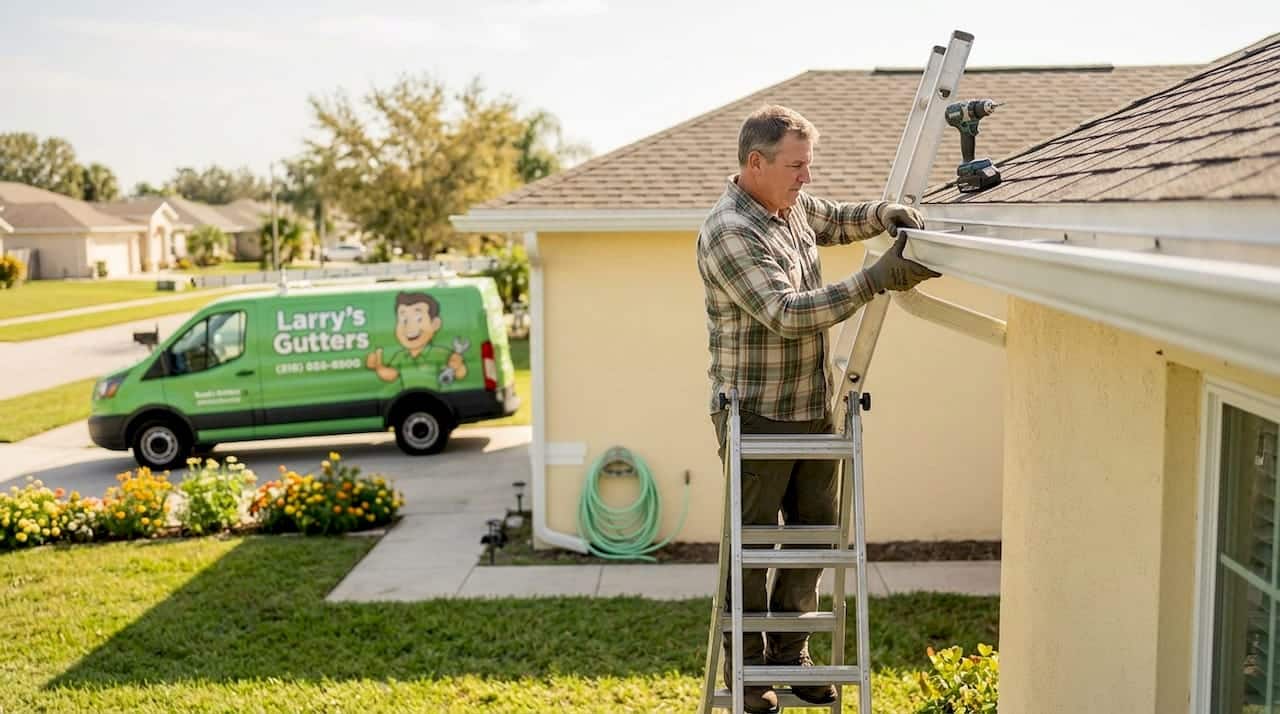 Contractor installing seamless gutter on suburban house roof