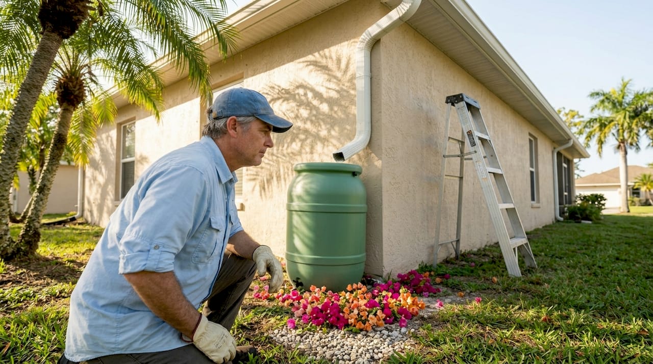 Homeowner inspecting rainwater harvesting gutter