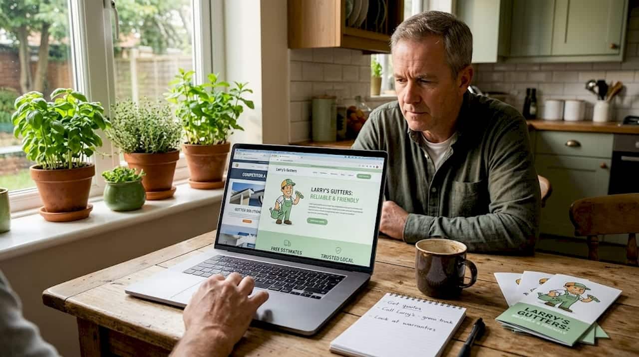 Homeowner researching gutter service alternatives at kitchen table