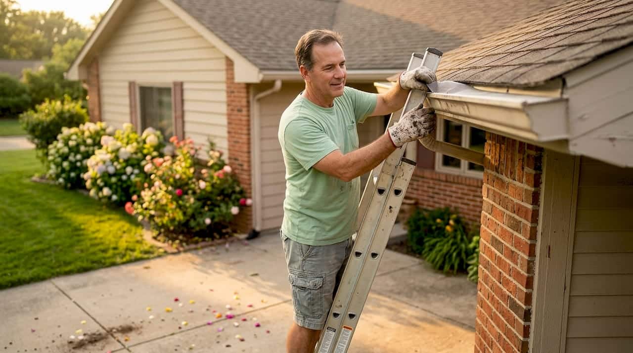 Man installing mesh gutter screen on home