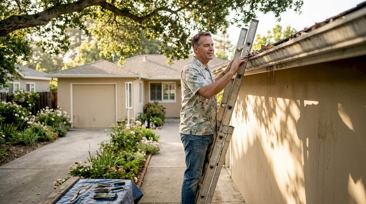 Homeowner inspecting old gutters on ladder