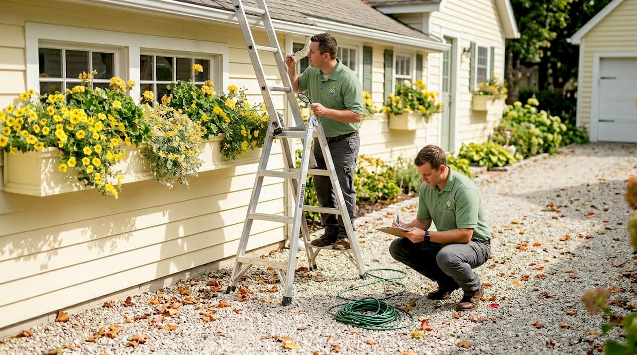 Team inspecting home gutters on sunny morning