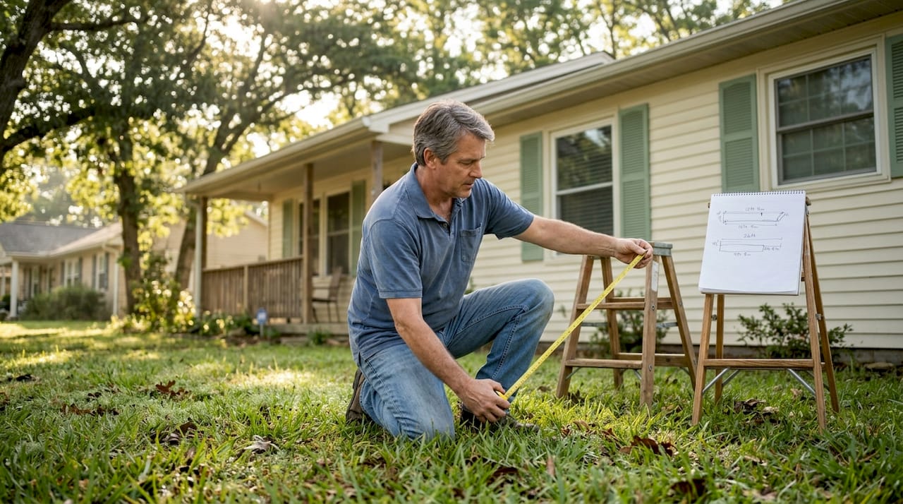 Homeowner measures roof gutters in morning light