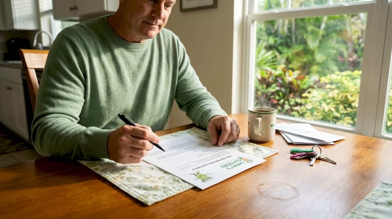 Homeowner reading gutter service contract at kitchen counter