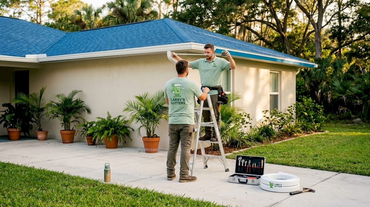 Gutter crew measures new gutter on driveway