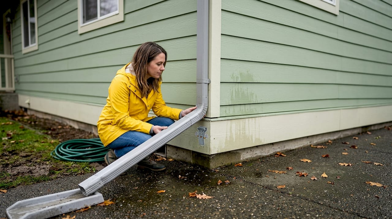 Homeowner adjusting gutter extension after rainfall