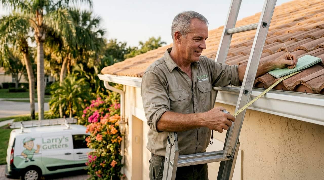 Contractor measuring seamless gutter on Florida house