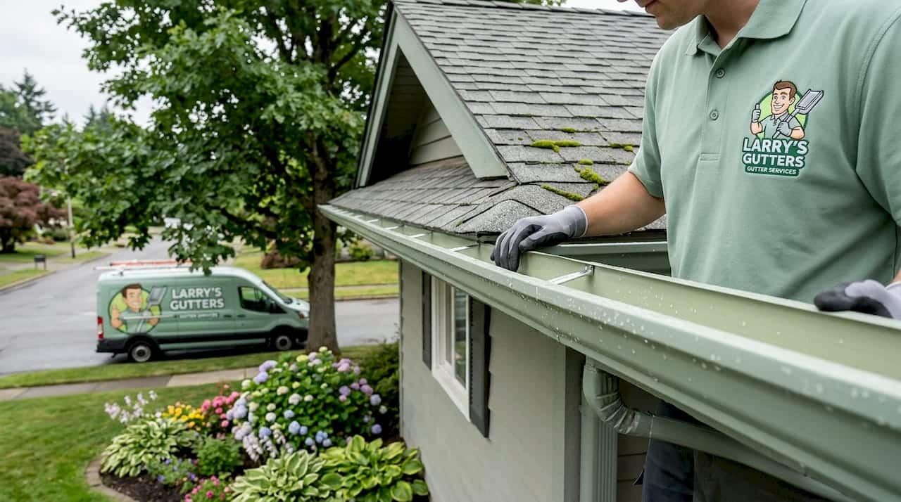 Exterior roof eaves and gutters on suburban home