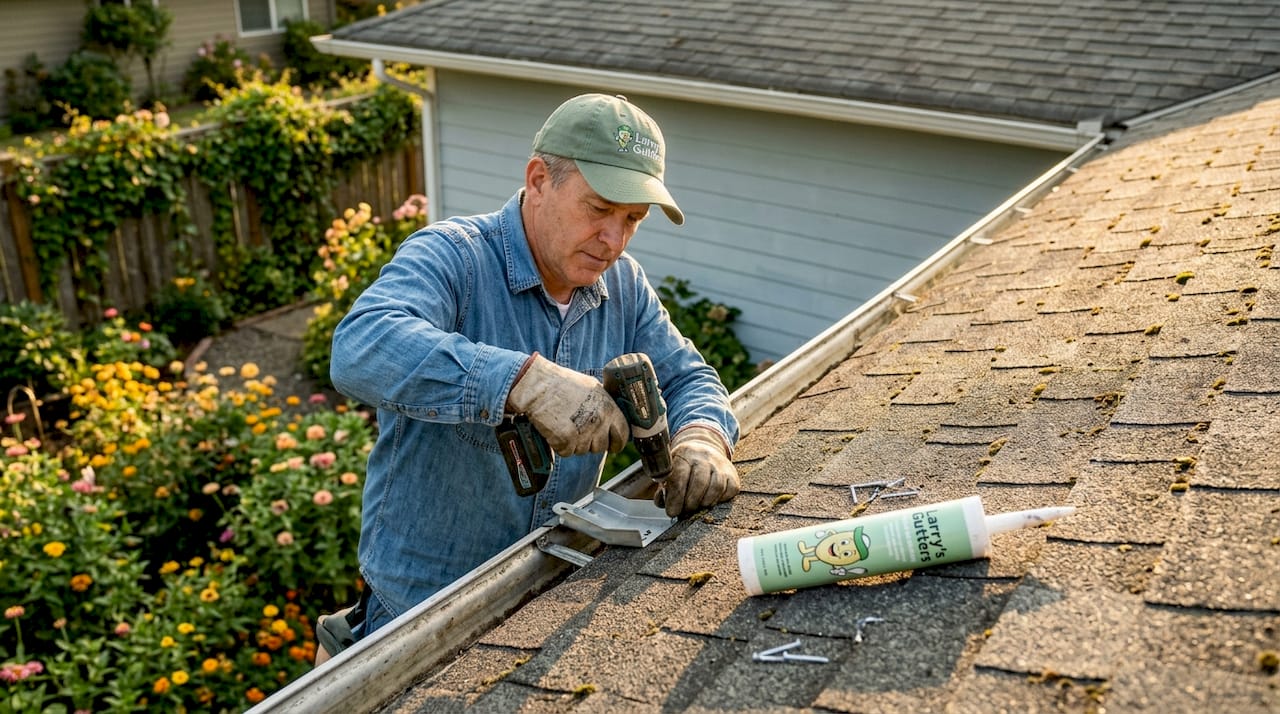 Handyman installing gutter diverter on roof