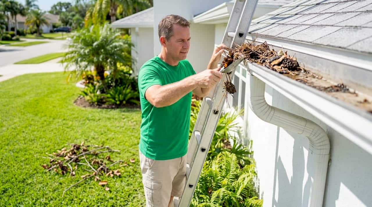 Homeowner cleaning gutters on ladder in Florida