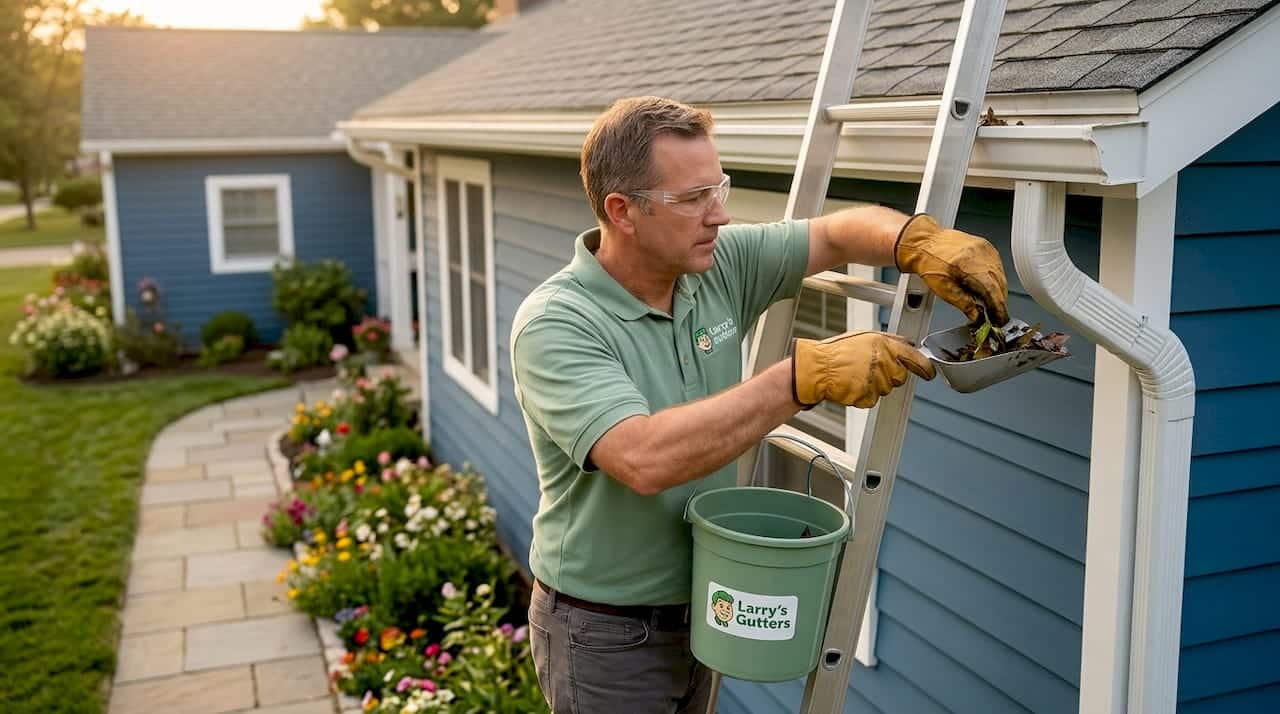 Homeowner cleaning gutters on ladder safely
