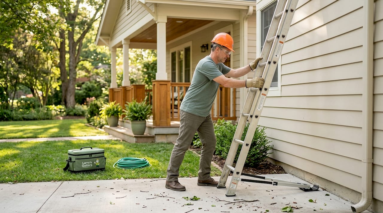Homeowner setting up ladder with gutter safety gear