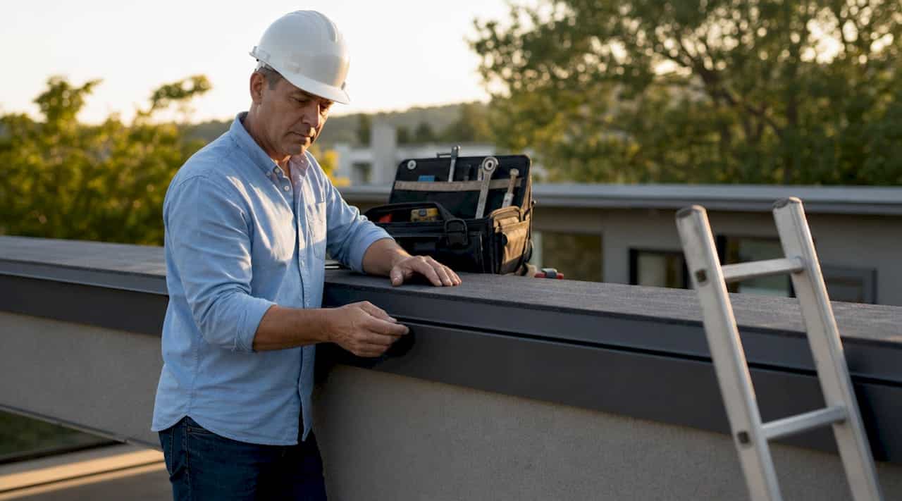 Roofer inspecting hidden gutter on roof edge