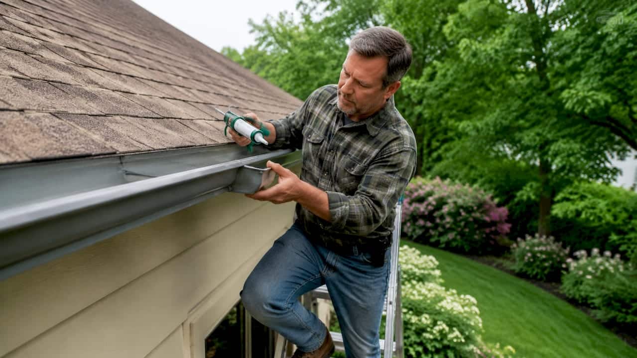 Man installing metal gutter end cap on house gutter