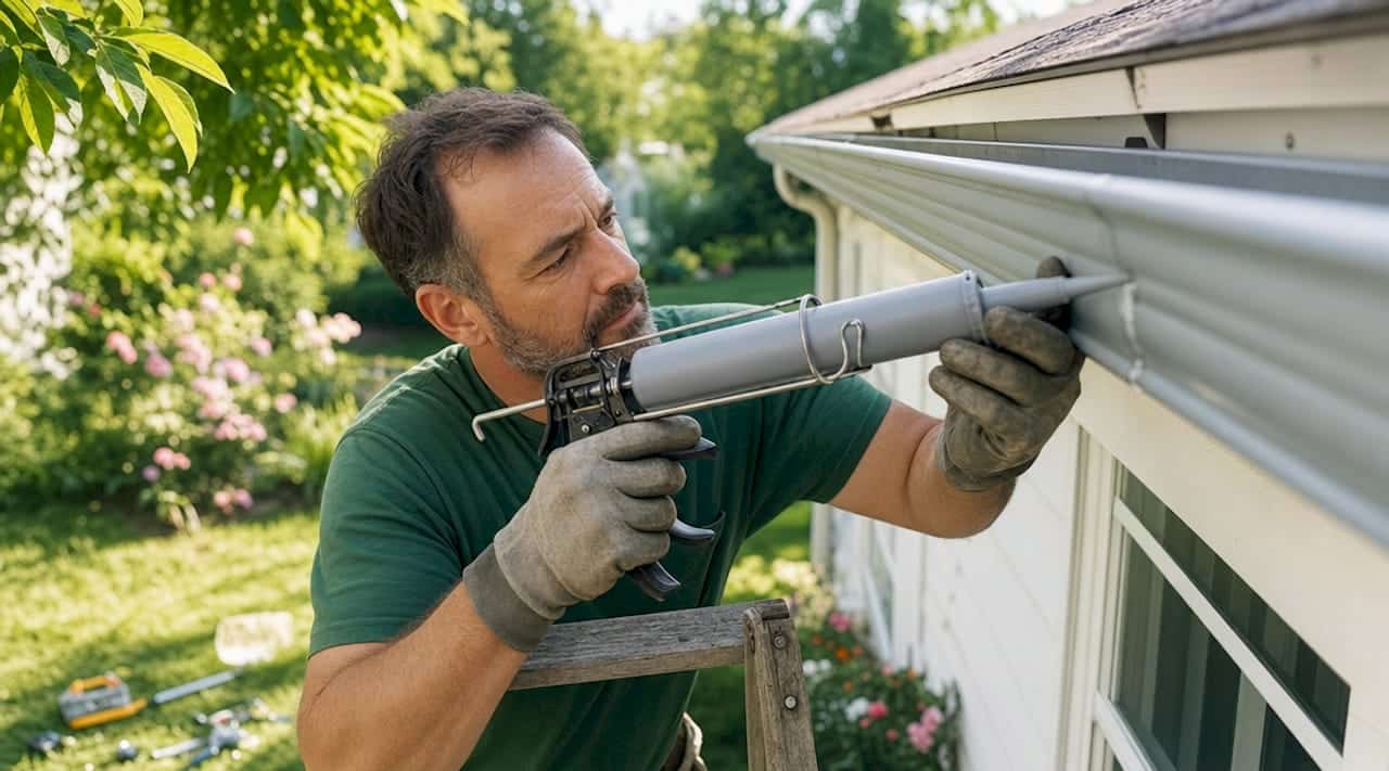 Worker applying caulking on gutter seam outdoors