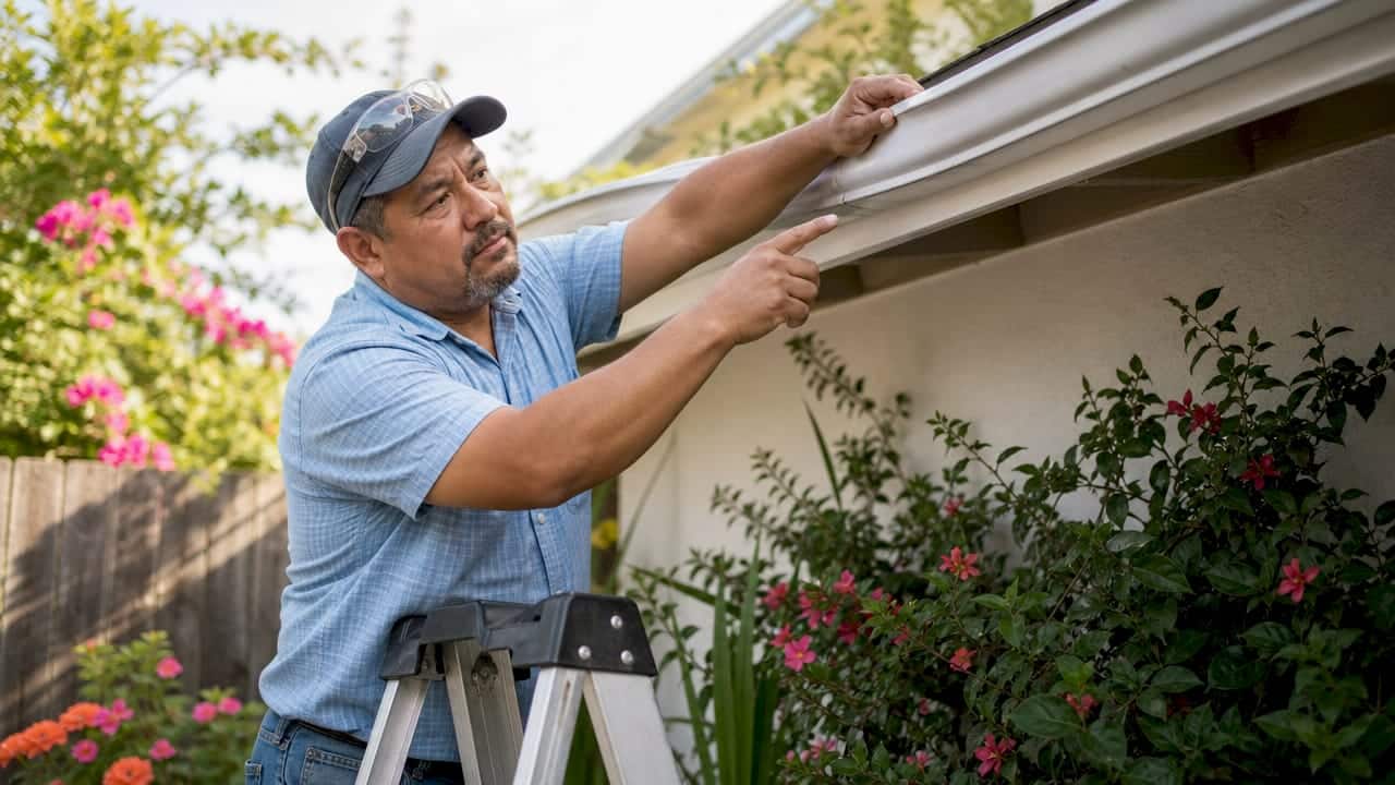 Man inspecting sagging gutter on ladder