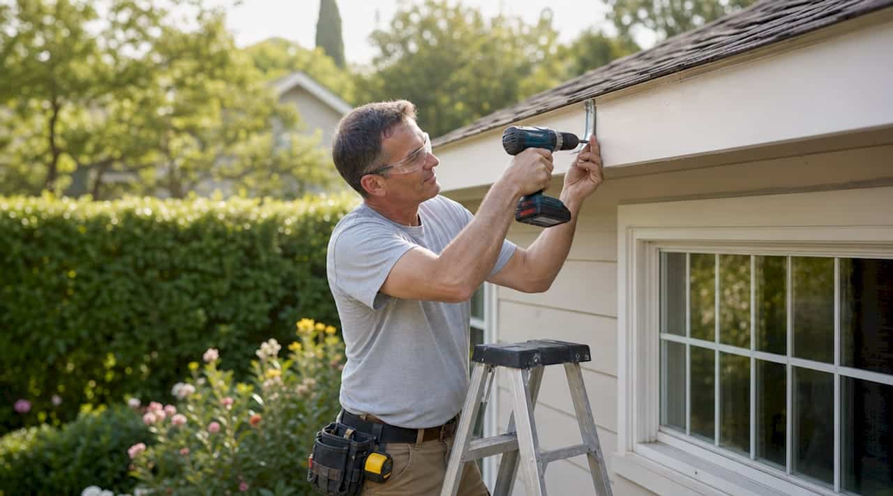 Contractor installing gutter bracket on house fascia