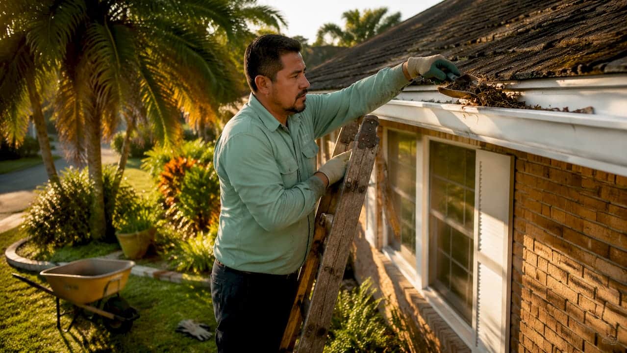 Homeowner cleaning gutters on Florida house