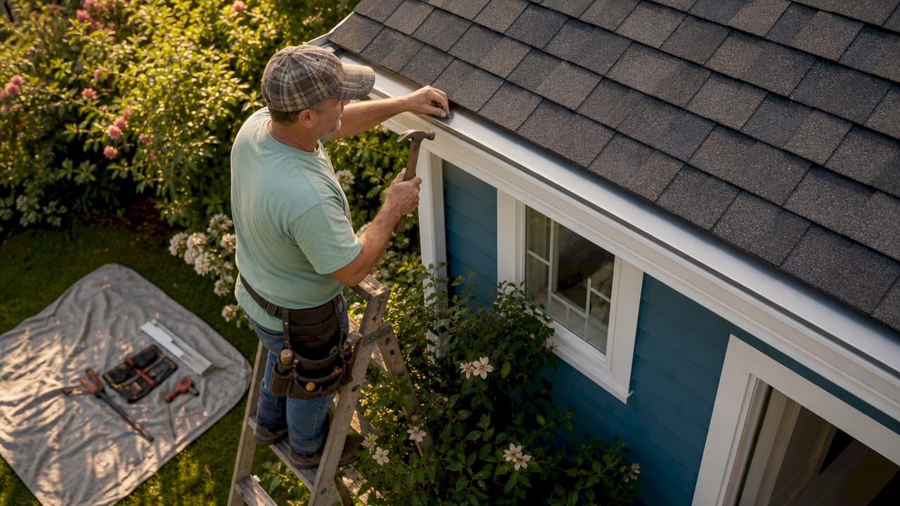 Roofer installing drip edge on roof eave