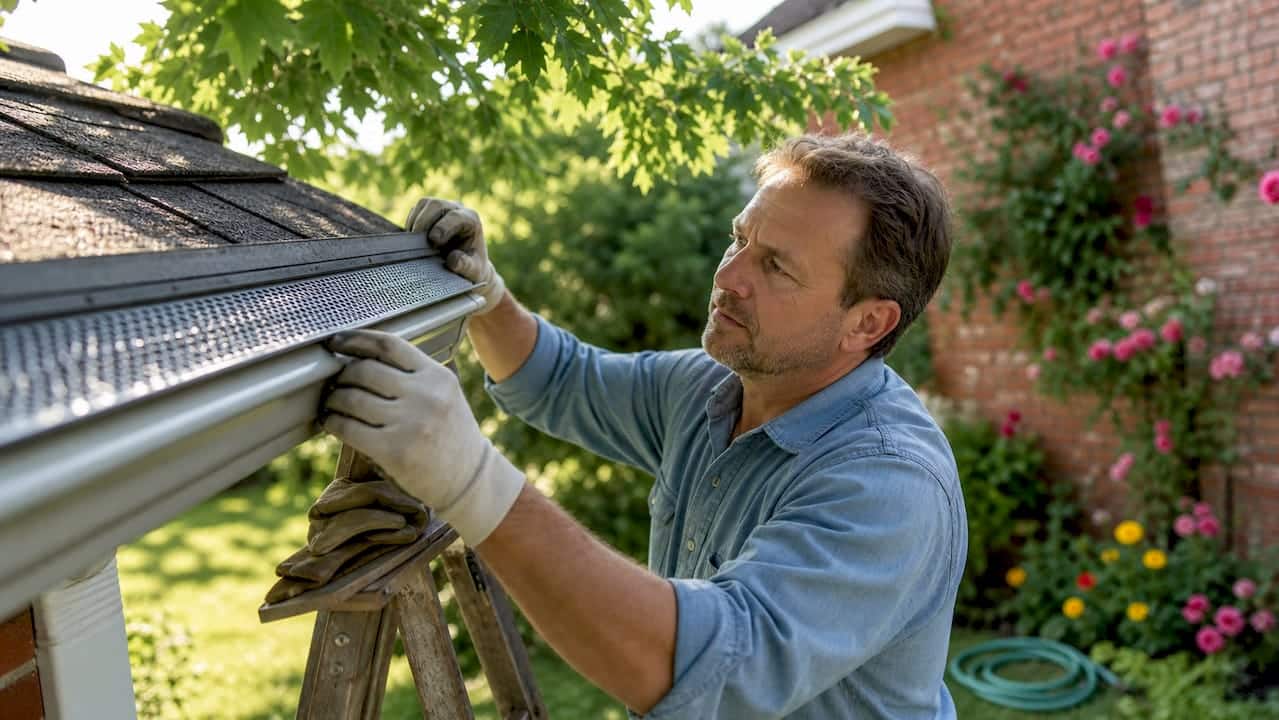 Homeowner inspecting gutter guards on ladder