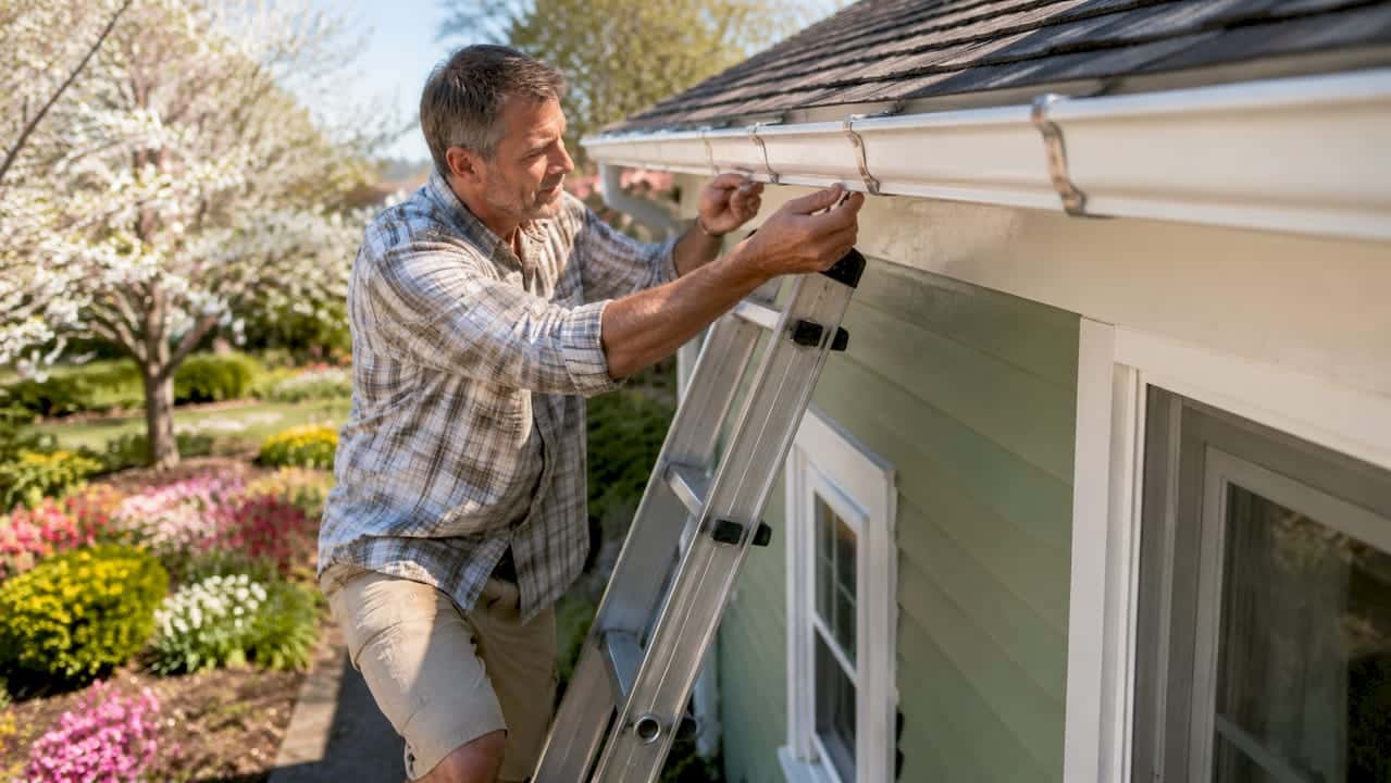 Homeowner inspecting gutter hangers on ladder