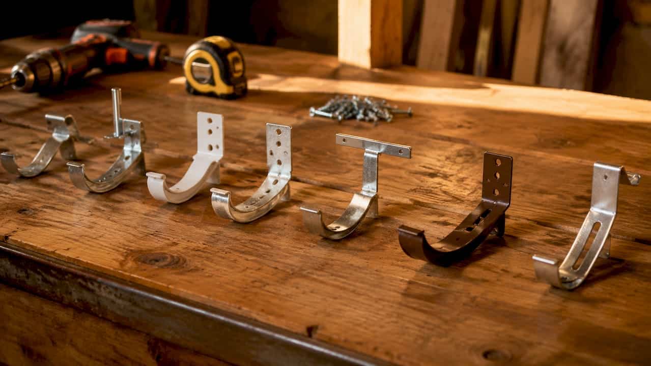 Close-up of various gutter hanger types on workbench