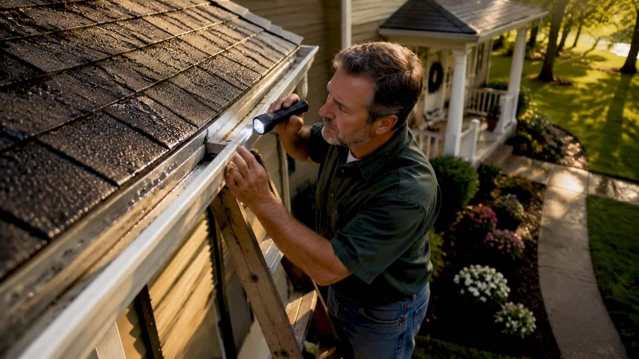 Homeowner inspecting gutter on ladder