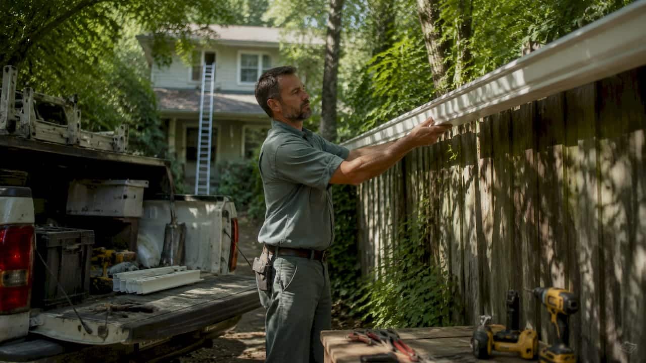 Technician inspecting custom seamless gutter section outdoors