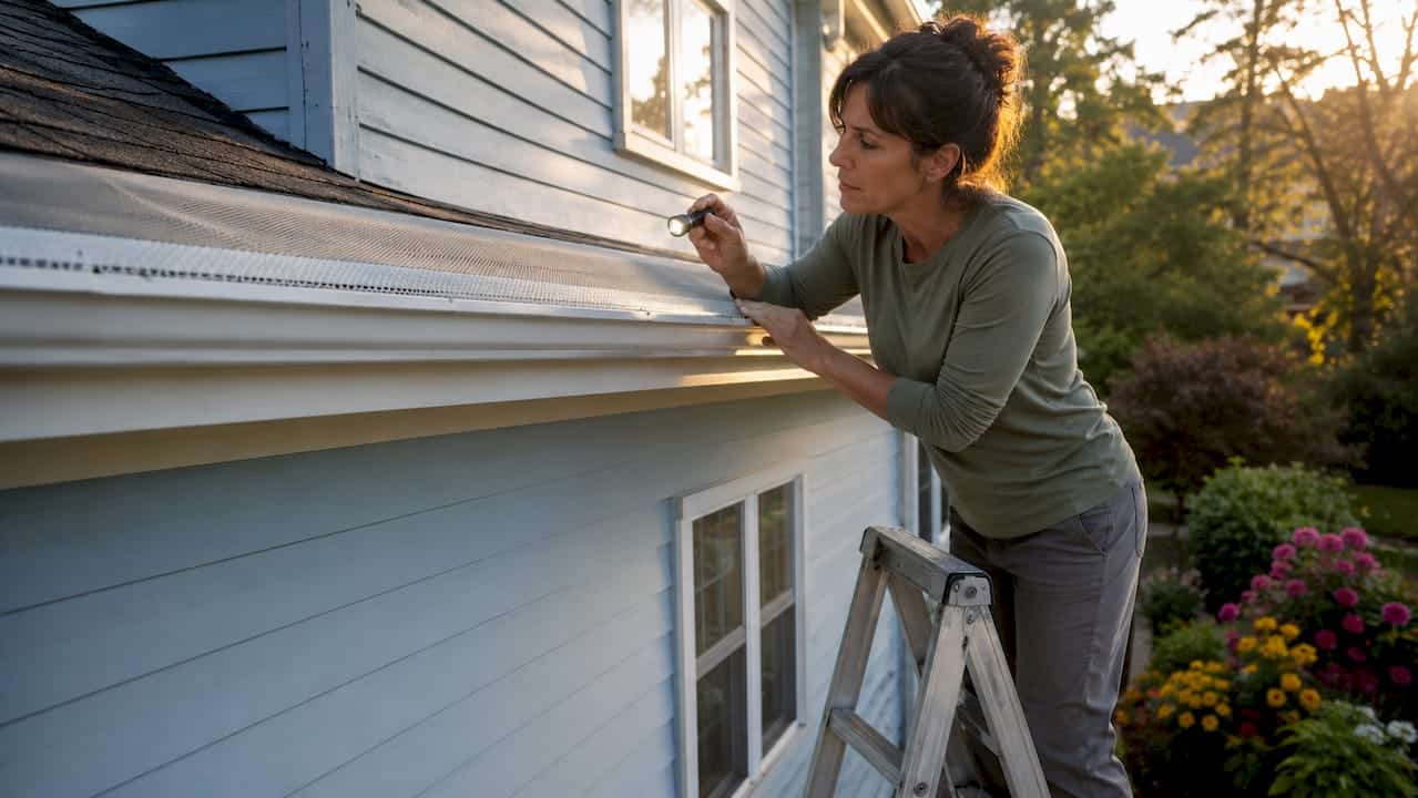 Homeowner inspecting gutter filtration mesh outdoors