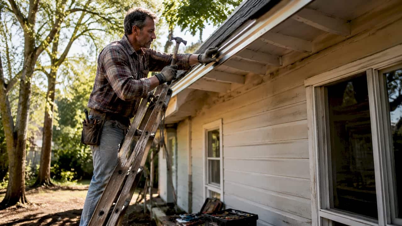 Contractor installing metal gutter flashing on roof edge