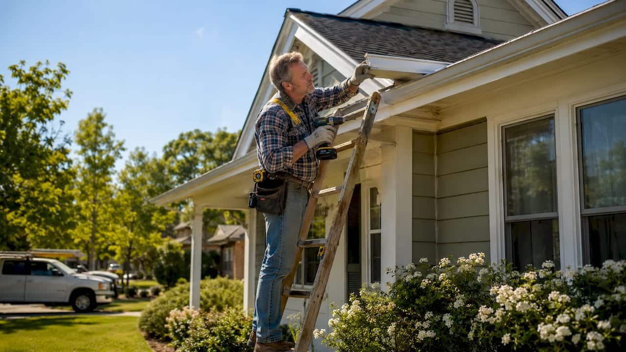 Contractor installing gutters on suburban home outdoors