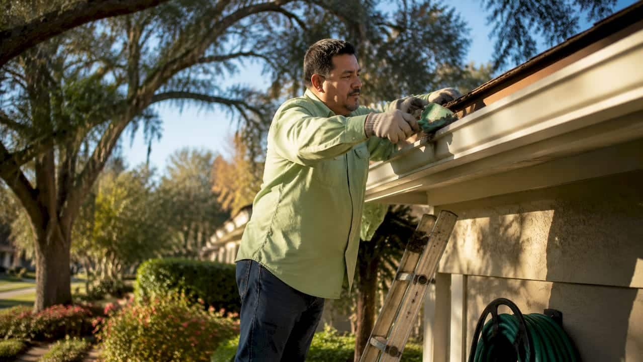 Man cleaning gutter on ladder outdoors